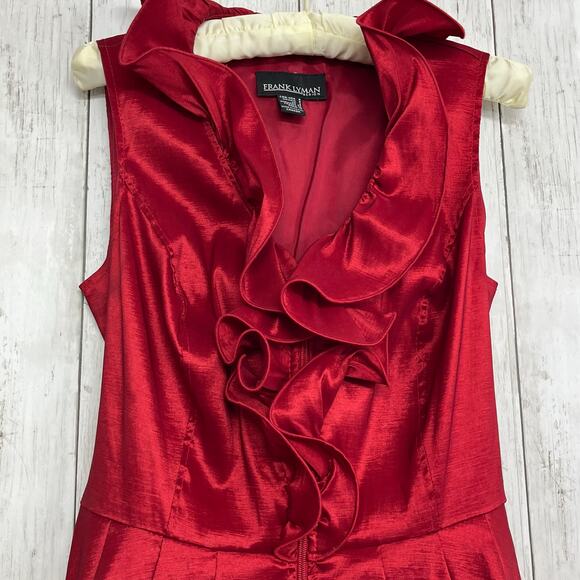 Frank Lyman Red Shiny Bubble Hem Belted Ruffle Sexy Zip Up Cocktail Party Dress - Picture 6 of 13